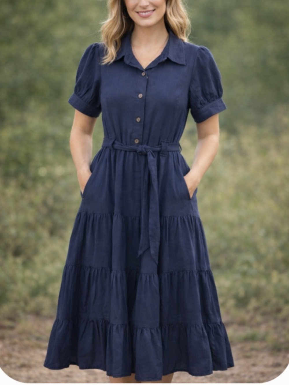 Kaileigh Navy Tiered Button-Front Midi Dress